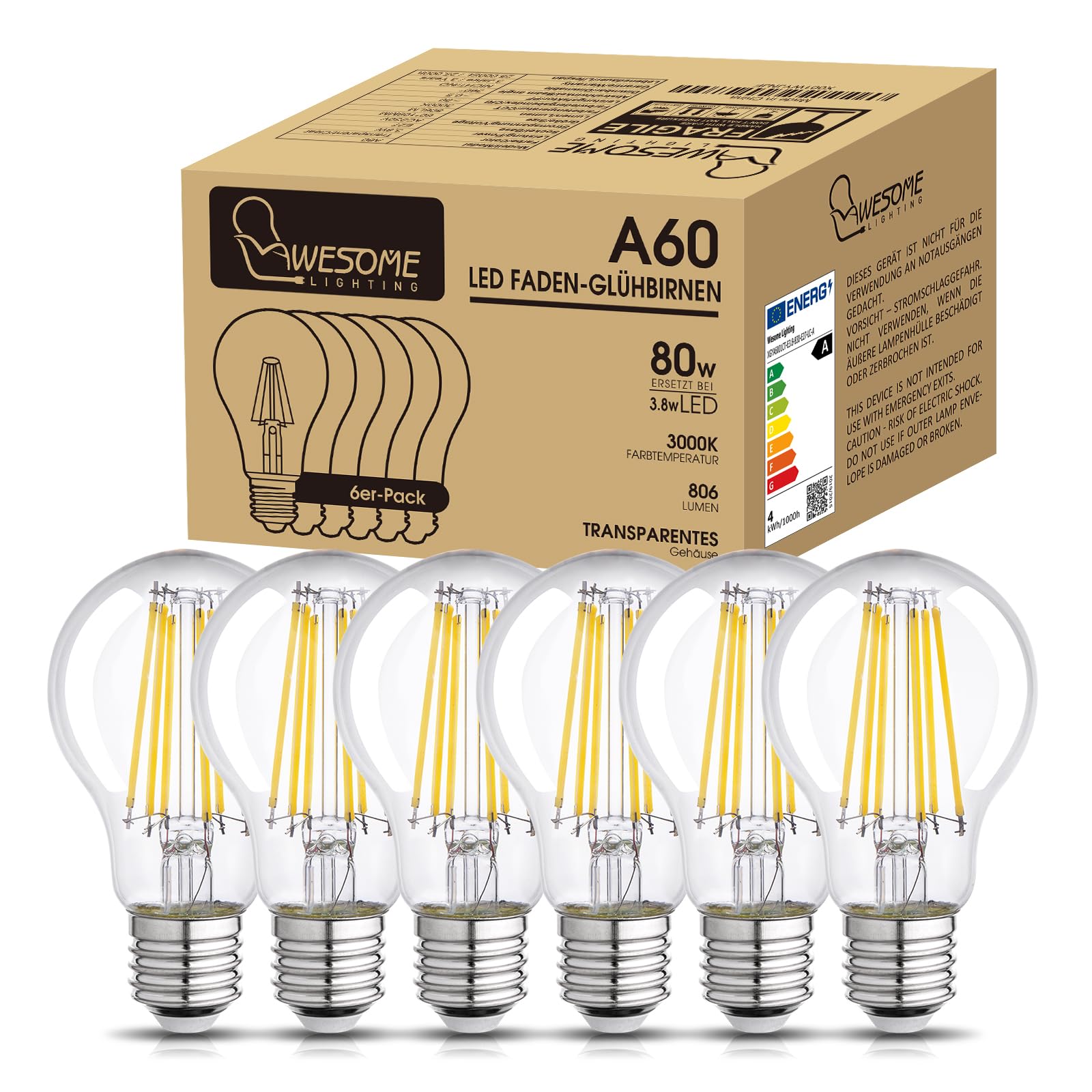 E27 LED Energieklasse A Glühbirne, 3.8W 806LM 3000K Warmweiß, 6 Stück