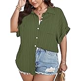 SCOMCHIC Women Plus Size Button Down Short Sleeve Shirts Collared Textured Summer Blouse Casual Tops with Pockets