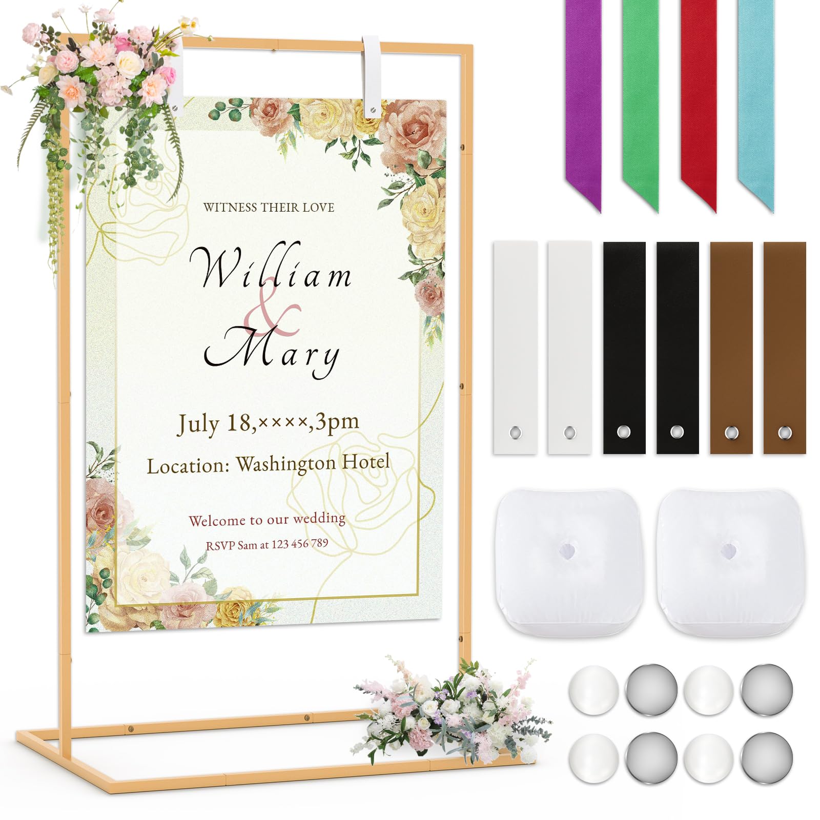 Photo 1 of 68" X 30" Adjustable Wedding Sign Stand, Linen Sign Stand, Gold Welcome Sign Holder Metal Easel With 6 Leather Hanging Strap 2 Square Water Bag 4 Magnetic Counterweight 4 Ribbon, Party Poster Display