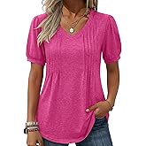 Zeagoo Women's Puff Short Sleeve Boho Shirts Casual V Neck Floral Solid Summer Blouse Pleated Tunic Top