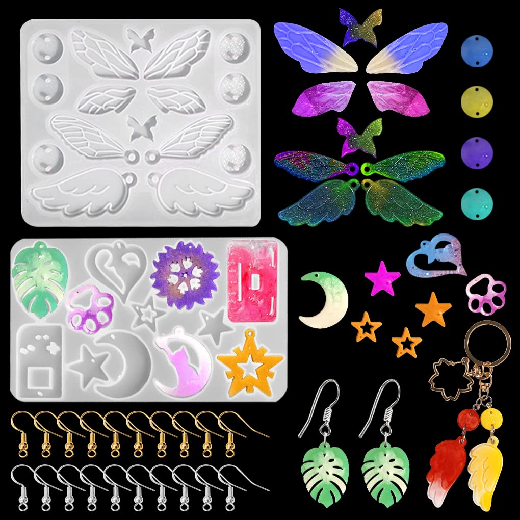 FineInno 2PCS Pendant Resin Mould Angel Wings Earring Epoxy Resin Butterfly Jewelry Kit Silicone Moon Star Casting DIY Jewellery Making Set