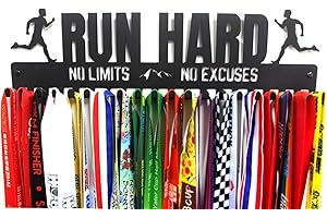 URBN BY MODERN HOME FINISHINGS URBN Metal Wall Mount 'Run Hard' Motivational Kids & Adults Running Sports Medal Hanger and Lanyard Ribbon Display Holder Rack with 20 Hanging Hooks, Great Gift for Runners - Black