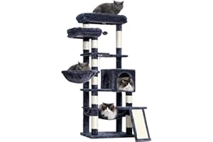 Hey-brother Cat Tree with Scratching Post, 57 inch Cat Tower for Indoor Cats, Cat Condo with Two Large Platforms, Hammock and Big Scratch Board, Smoky Gray MPJ051G