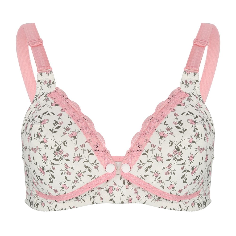 Zerodis Breastfeeding Bra, Cotton Breathable Front Button Nursing Pregnant Bra Women's Body Seamless Nursing Underwear with Lace Trim for Pregnant Women (40/90-Pink)