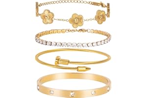 GIVCHO 18K Gold Plated Nail love Bangle Bracelet Set for Women Stackable Gold Clover Adjustable tennis bracelet Trendy Gift Jewelry for Mother's Day Anniversary