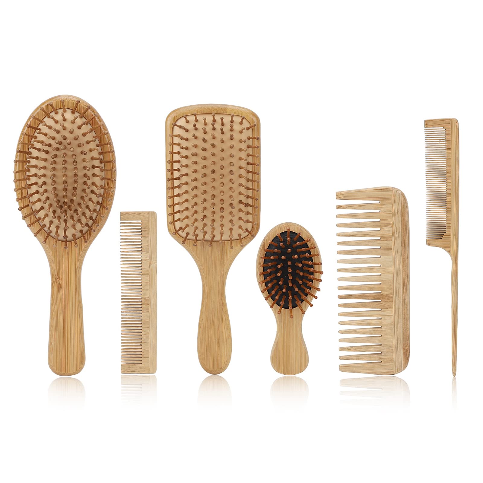 YUYTE 6 in 1 Bamboo Hair Brush Set Pallets Detangling Brushes Environmentally Friendly Natural Wooden Brush and Comb Set, Suitable for All Hair Types for Hair/Thin/Curly/Dry