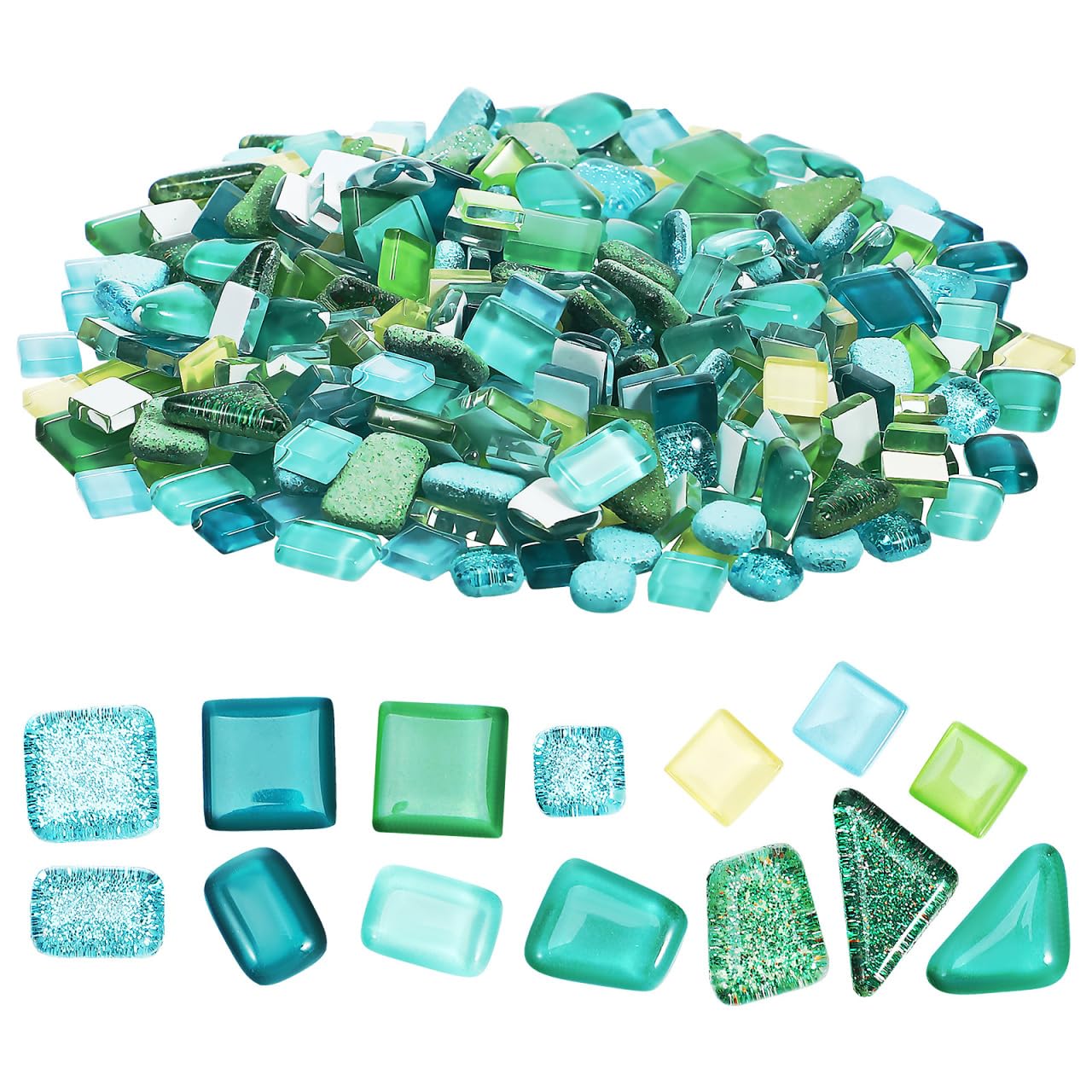 VILLCASE Irregular Tiles, 400g Mixed Colors Glass Pieces, Small Crystal Glass Tile for DIY Crafts and Home Decoration, Green Series