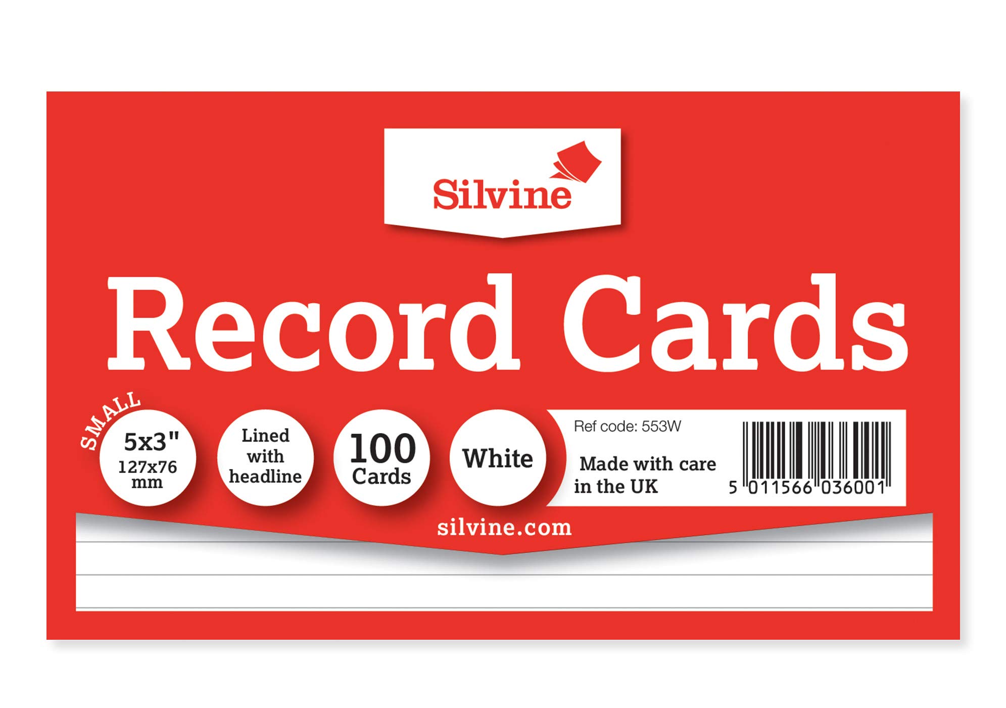 Silvine 5x3" Record Cards - Lined with Headline, 100 Cards per Pack. Ref 553W (127 x 76mm), White