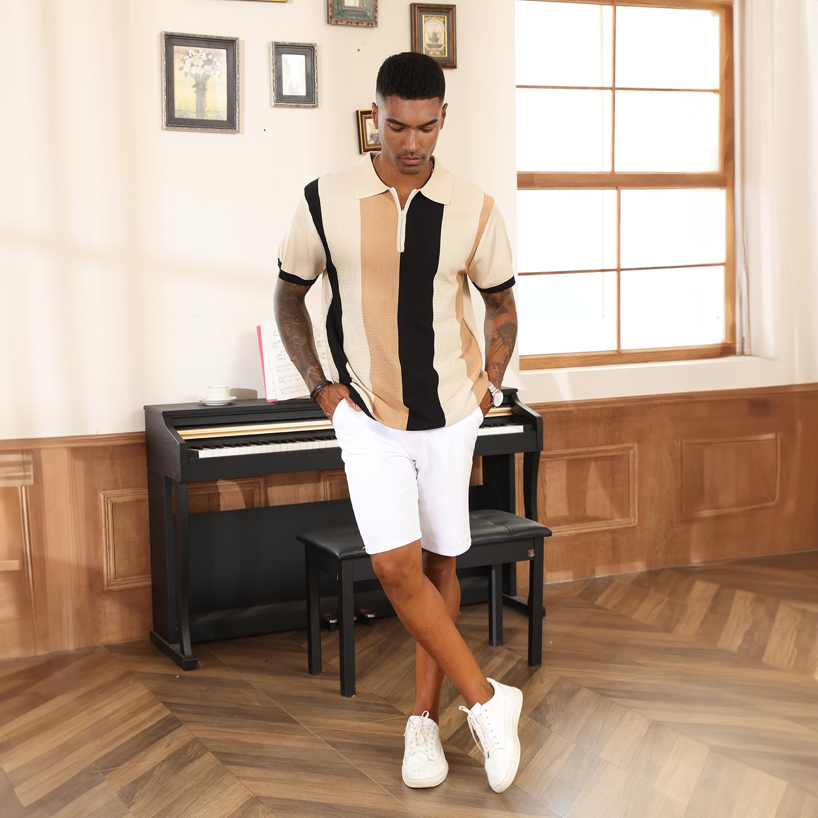 Men's Fashion Polo Shirts Vintage Striped Knitting Shirts Casual Slim Fit Golf Shirts