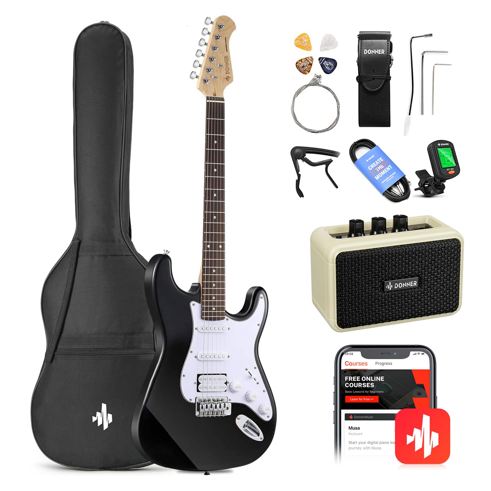 Donner DST-100B Kit para principiantes de guitarra eléctrica de 39 pulgadas, cuerpo sólido, tamaño completo, HSS negro para principiantes, con amplificador, bolsa, afinador digital, cejilla, correa, cuerda, cable, púas