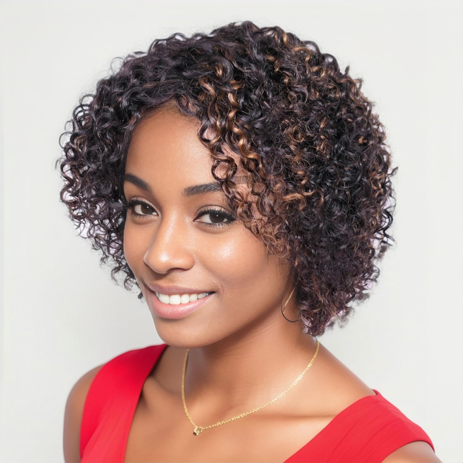 Photo 1 of Velicoo Short Curly Human Hair Wigs for Black Women Lightweight Breathable Highlight Wig Ombre Black and Copper Brazilian Hair 1B/30 Kinky Curly Wigs for Summer