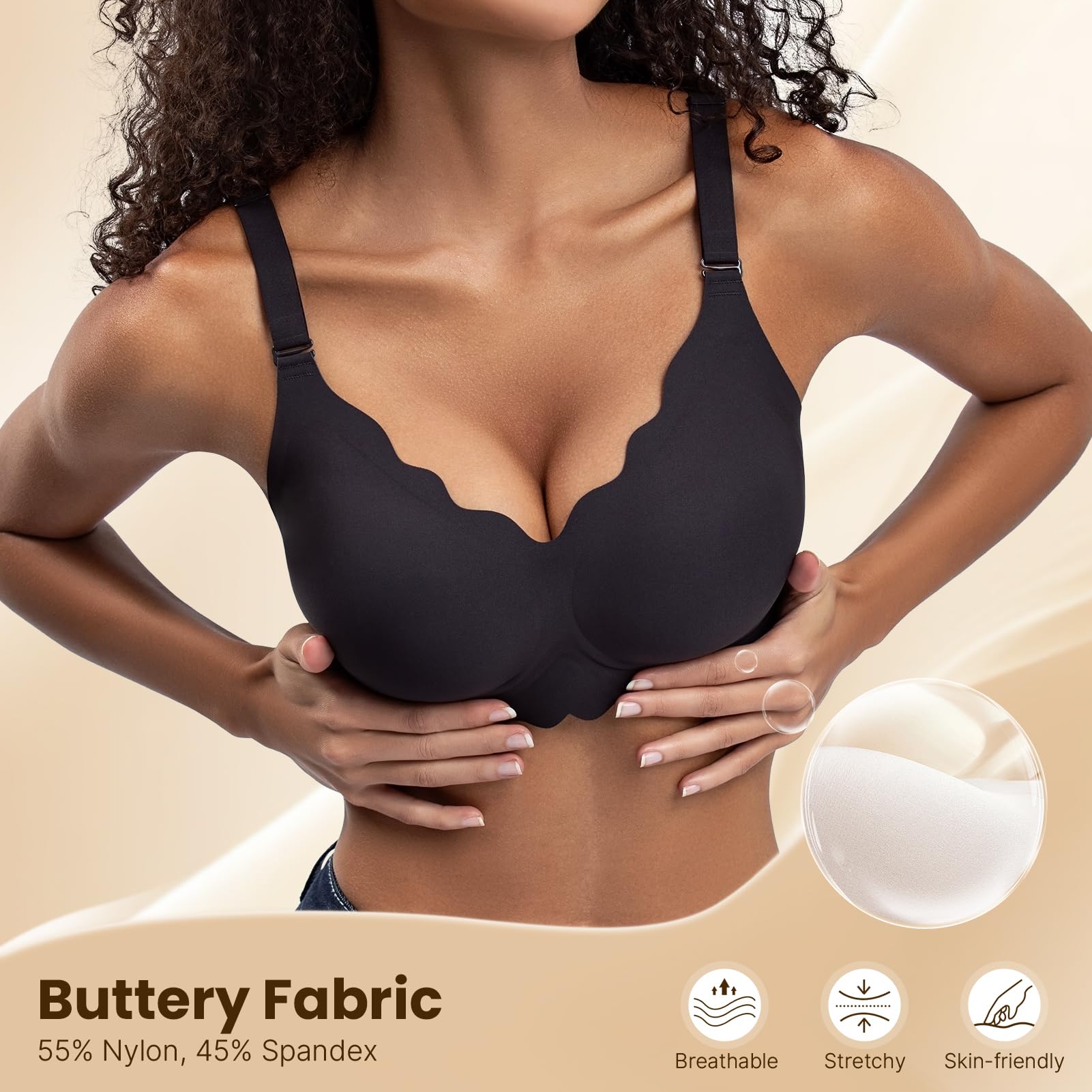 PQK Bras No Underwire for Women Comfortable Wireless Seamless T Shirt Bras Wavy Edge Full Coverage Push Up Bra (Size S Black)