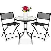 Best Choice Products 3-Piece Patio Bistro Dining Furniture Set w/Textured Glass Tabletop, 2 Steel Folding Chairs, Polyester F