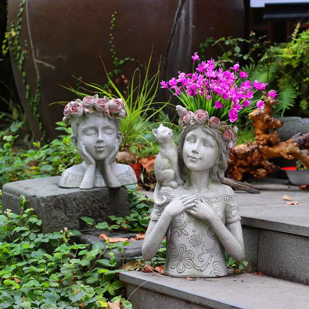 Amazon Com Zenggp Home Garden Art Flower Planter Head Vase Decor Girl And Cat Flower Pot Succulent Plant Pot Girl Garden Outdoor