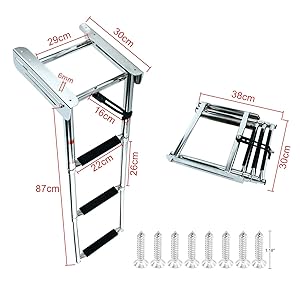 DasMarine 3-Step 316 Stainless Steel Telescoping Ladder, Slide Under Platform Mount Boarding Ladder with Retaining Strap (3 Step Ladder)