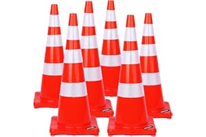 BATTIFE 36 Inch Traffic Safety Cones | 6 Pack PVC Cone with Reflective Collars | Weighted Orange Construction Cones for Building Road Driveway Parking Use
