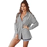 KAYWIDE Women's Striped Button Down Shirts Casual Long Sleeves Lapel Collar Tunic Tops Boyfriend Blouses with Pockets(Black,S)