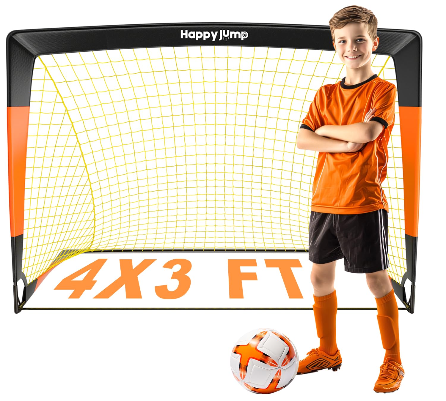 Happy Jump Upgraded Pop Up Football Goals | Portable Football Nets – 4x3FT Black-Orange Single Pack for Garden & Outdoor Training