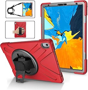 Case for iPad Pro 11 Inch 2018 | TSQ iPad Pro 11 2018 Case Rugged Corner Protection | Full-Body Protective Hybrid Cover with 360 Degree Swivel Kickstand, Shoulder Strap, Hand Strap for Kids | Red