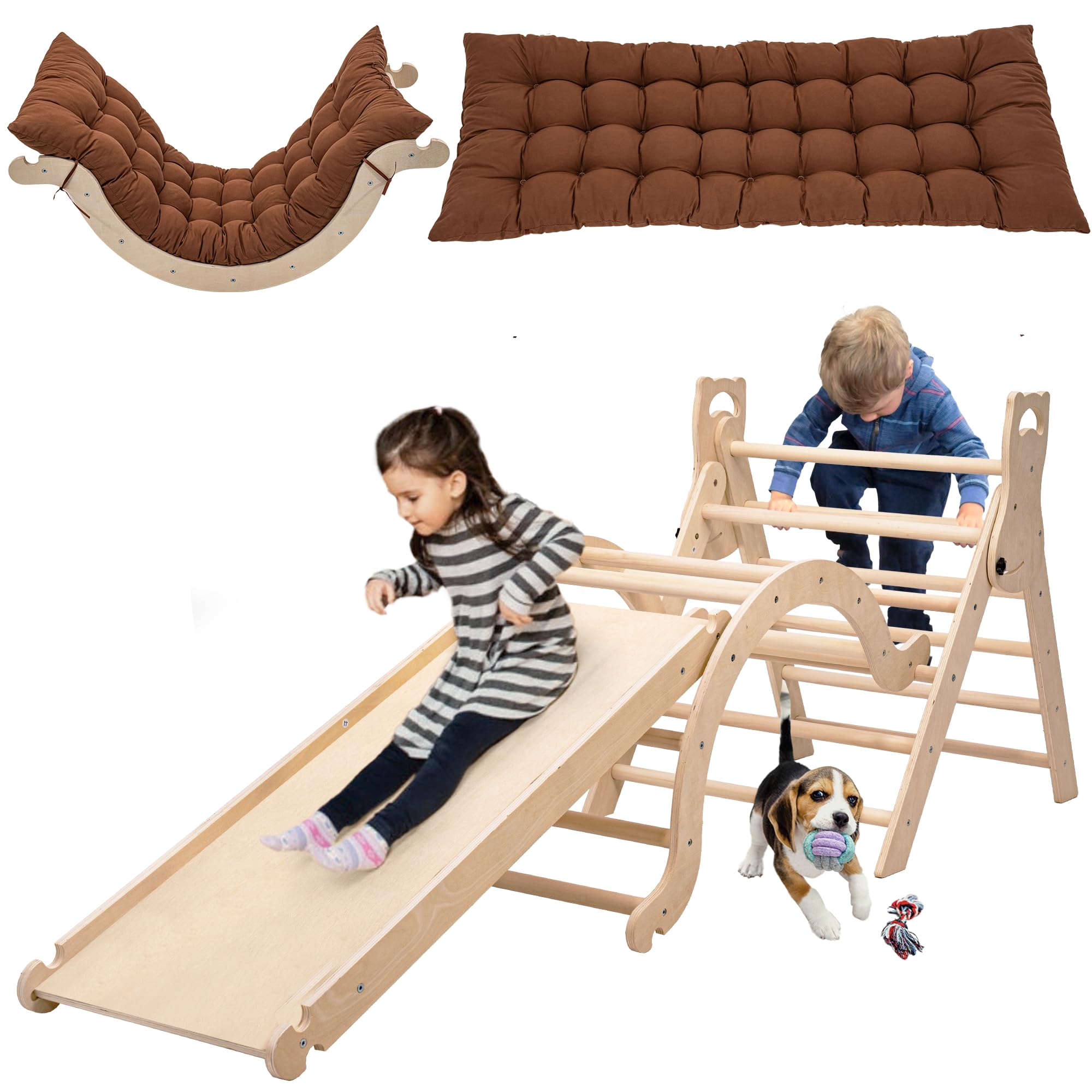 Yrthe Voitom Large Indoor Climbing Frame for Toddler, Pikler Triangle Set with Slide, Arch and Cushion, Wooden Baby Climbing Frames (Natural and Unpainted)
