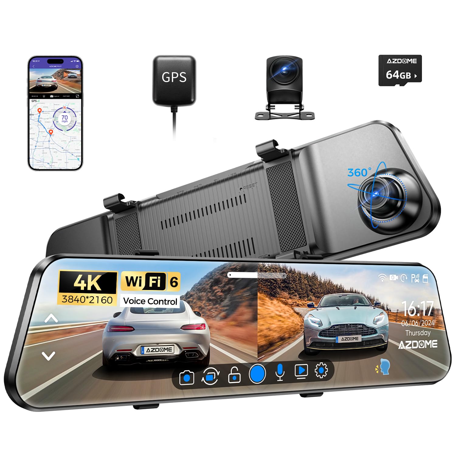 AZDOME PG17 4K 12" Mirror Dash Cam Front and Rear, WiFi Rear View Mirror Camera with 64GB Card, Waterproof 1080P Rear Camera, GPS, Voice Control, WDR Night Vision, Driving Assistant