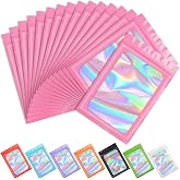 Funfery 100 pcs Pink Smell Proof Mylar Holographic Bags Packaging Bags,2.4x3.9Inch Clear Resealable Odor Proof Bag Foil Pouch Bag for Food Storage,Lipgloss,Jewelry,Eyelash Packaging Small Business
