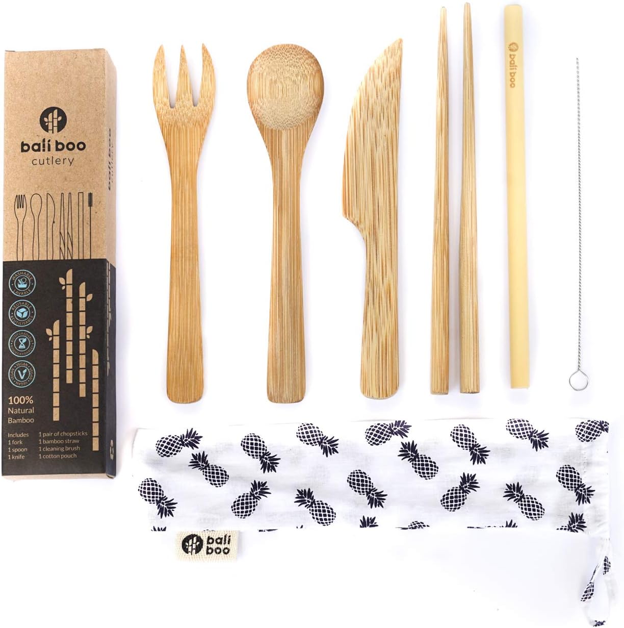 Bamboo Cutlery Set by Bali Boo - Zero Waste Travel & Camping Utensils Set - Eco Friendly Flatware Set - Kids Cutlery - Reusable Bamboo Spoon, Fork, Knife, Chopsticks, Straw, Brush & Travel Pouch