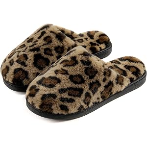 JOLLYVOGUE Slippers for Women, Leopard Memory Foam House Shoes | Printed Fuzzy Faux Fur, Non-Slip TPR Soles, For Indoor & Out