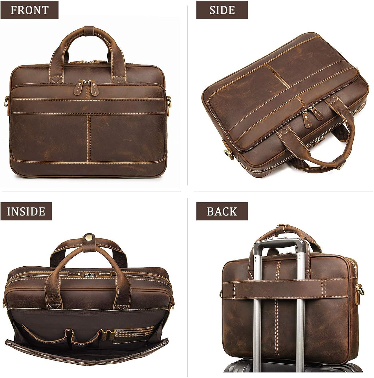  | Augus Leather Messenger Bag for Men Vintage Travel Backpack 15.6 inch laptop Briefcase Shoulder Bags With YKK Metal Zipper | Briefcases