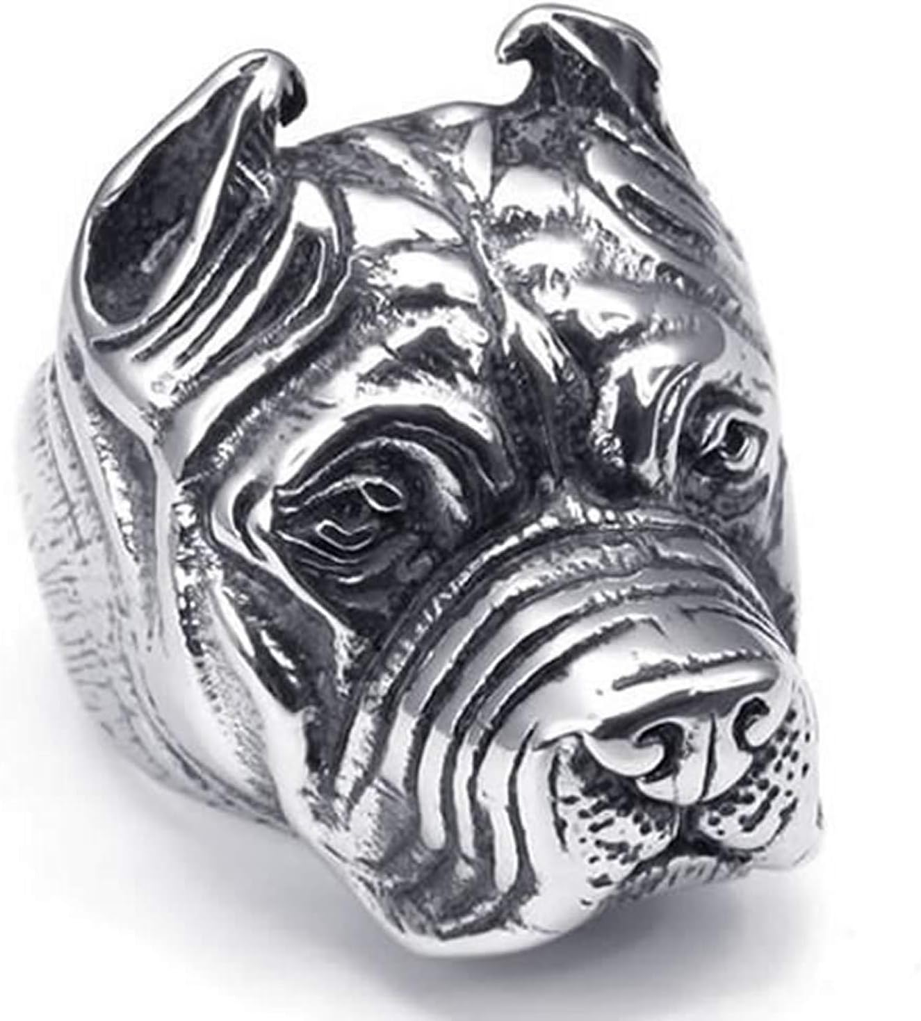 YEBENI Vintage Stainless Steel Biker Mens Dog Ring, Bulldog, Shar Pei
