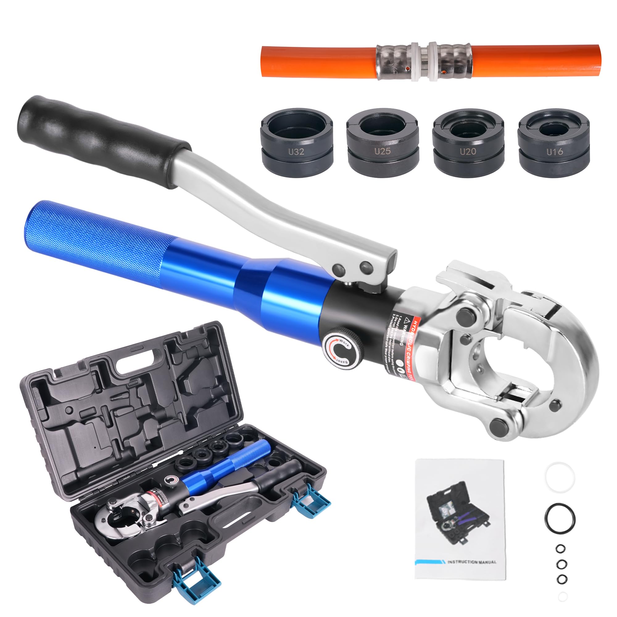 AMZCNC Crimping Pliers, U-Kontur 16-20-25-32 Set, Press Tool for Composite Pipe with Fittings, Silver/Black/Blue, 4.96 kg, Ergonomic Grip, Model AMZ-1632, Includes Hydraulic Pressure