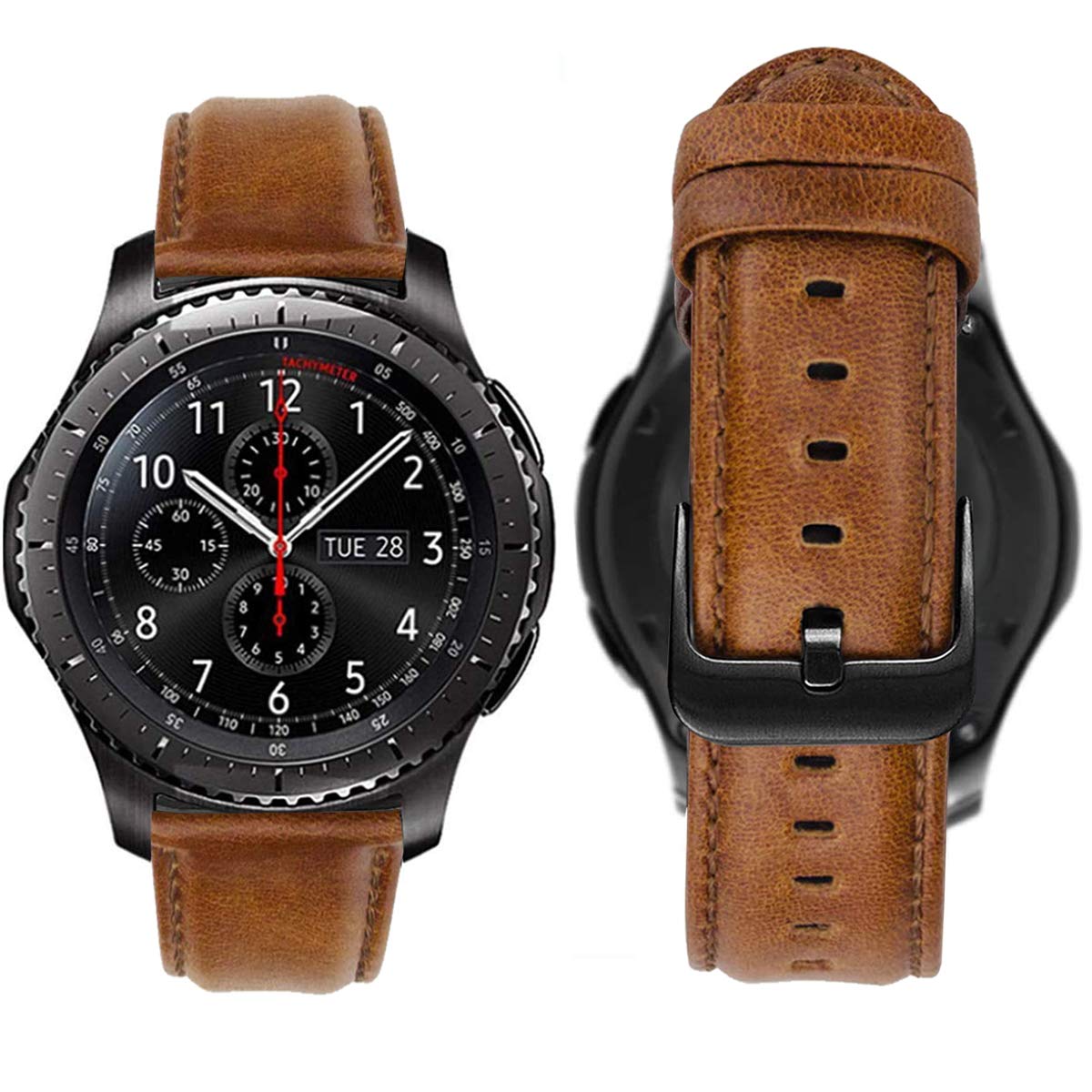 Leather Watch Band compatible with Samsung Galaxy Watch 3 45mm/Watch 46mm/Gear S3 Frontier/Classic Replacement Bands,22mm Quick Release Wristband Genuine Leather Strap Bracelet-Brown/Black