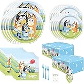 Unique Bluey Birthday Party Supplies Bundle for 16 Guests - 16 Dinner and 16 Dessert Paper Plates, 16 Napkins, 2 Plastic Table Covers, 18 Forks, Party Planning Checklist, Officially Licensed