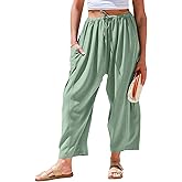 TARSE Womens Linen Wide Leg Pants Casual Loose Drawstring Summer Beach Travel Vacation Palazzo Harem Pants with Pockets