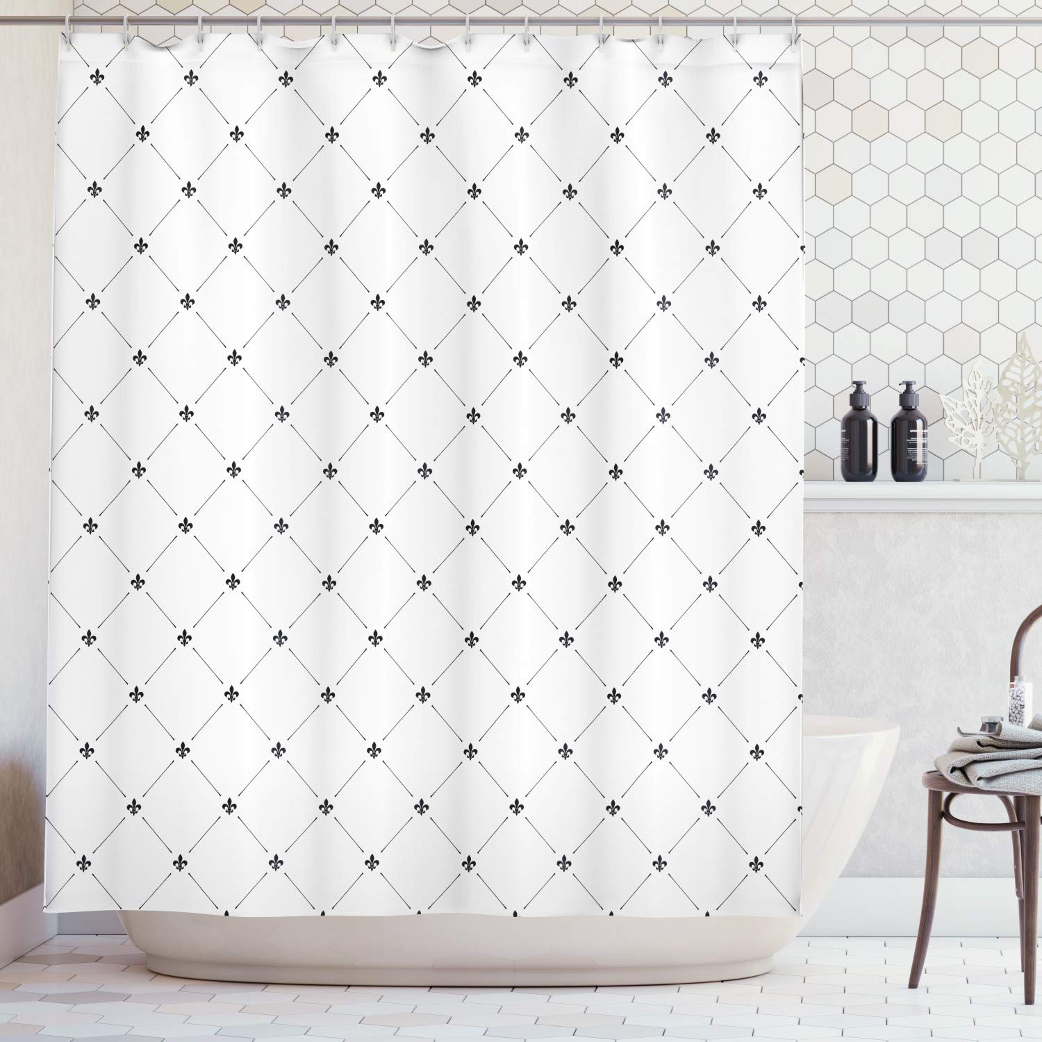 ABAKUHAUS Fleur De Lis Shower Curtain, Shabby Form Style Damask Pattern with Vintage Geometric Diamond Lines, Cloth Fabric Bathroom Decor Set with Hooks, 175 x 180 cm, Black-And-White