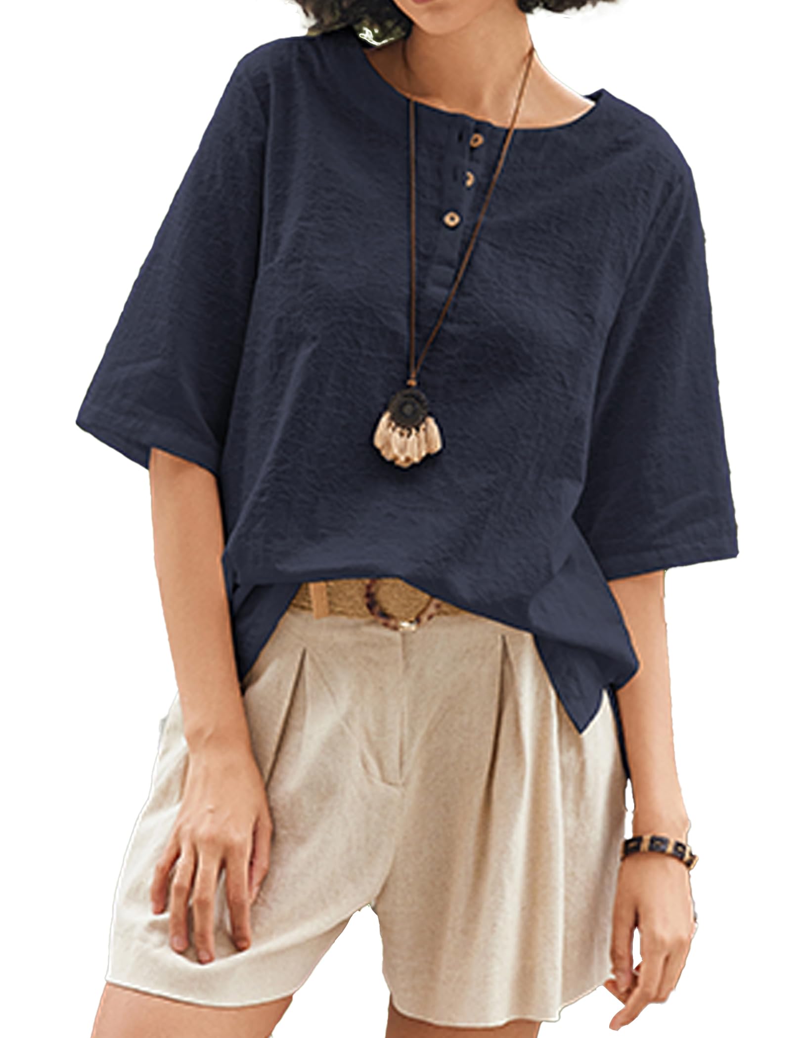 Cnlinkco Womens Cotton Tops Loose Fit Summer Linen Shirt Solid Short ...