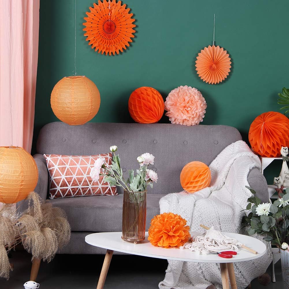 EASY JOY Orange Paper Fans Party Decorations Tissue Paper Pom Poms Paper Fans Paper Lanterns Paper Honeycomb Balls Orange for Spring Birthday Wedding Party Hanging Paper Decorations - Image 4