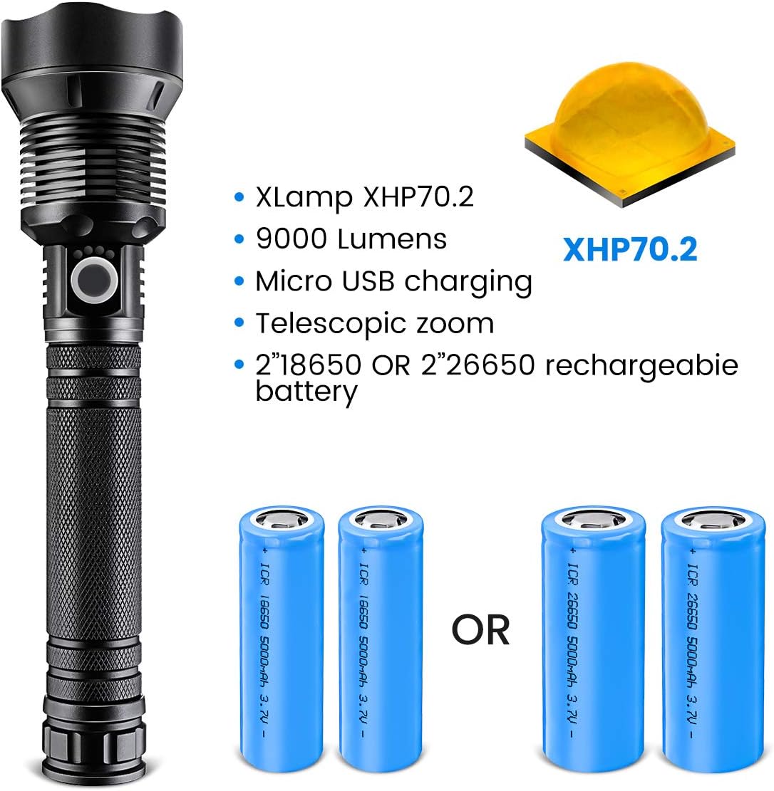 LED Flashlight 90000 Lumens Most Powerful 26650 USB Torch, Single Mode, High Lumen, Zoomable, Water Resistant - Camping, 3 Modes Searchlight for Outdoor or Home Emergency Everyday Flashlights - - 