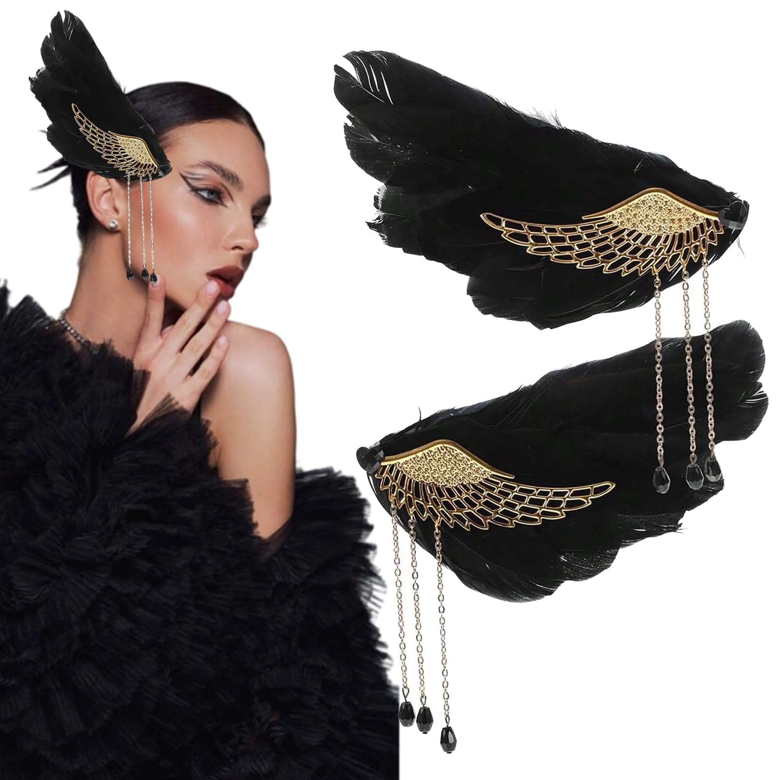 Photo 1 of 2 Pcs Black Feather Hair Clip Artificial Swan Angel Feather Wings Clips Ostrich Ballet Style Alloy Fringe Tassel Hair Accessories for Women Halloween Bride Wedding Cosplay Party Performance Decor