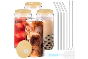 Verdenu Beer Can Shaped Glass Cups, 4PK Iced Coffee Cup Set, 16OZ Glass Cups with Bamboo Lids and Straws, Drinking Glasses Se