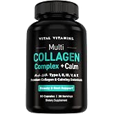 Vital Vitamins Multi Collagen Complex + Calm with Ashwagandha, 90 Capsules | Melatonin-Free Relaxation, 5 Collagen Types I, II, III, V &amp; X with L-Theanine, Ashwagandha, GABA &amp; Magnesium Glycinate