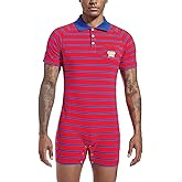 Landofgenie Mens Short Sleeve Romper Onesie One Piece Stripe Pajamas with Polo Collar