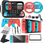 Accessories Bundle for Nintendo Switch 1/OLED, OUNFNOE 19-IN-1 Kits for Switch OLED Accessories, Carrying Case, Controller Charging Dock, Joy-Con Thumb Grips, Tempered Screen Protector, Steering Wheels for Mario Kart, Protective Console Cover