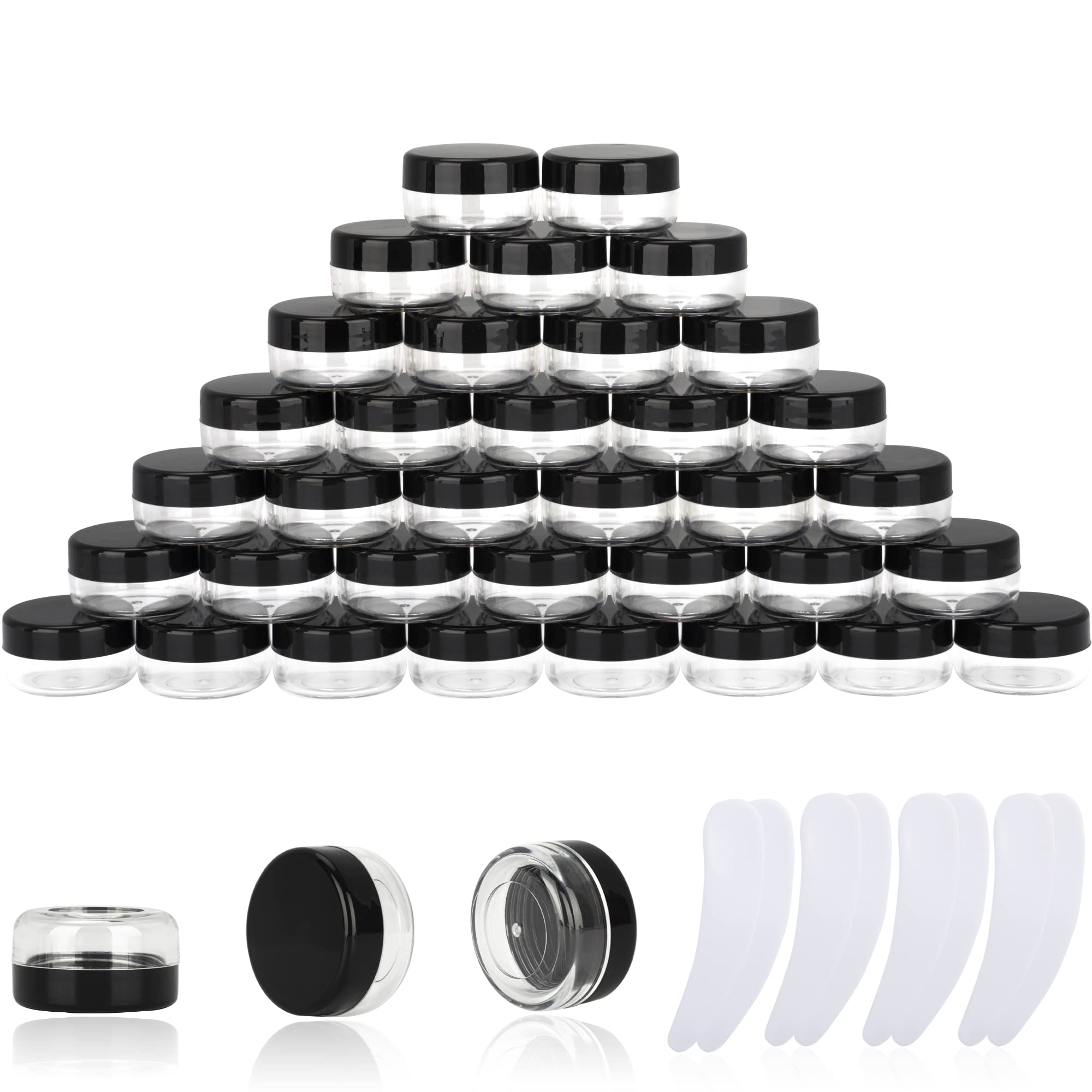 Photo 1 of 100PCS 10 Gram Sample Containers,10ml Empty Jars with Lids, Small Cosmetic Containers, Mini Sample Jars with 8PCS Mini Spatulas for Make Up, Oils, Lotion, Powder, Paint, Jewelry, Lip Balms(Black Lid)