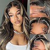 Juvid Balayage Body Wave Human Hair Wig 13x6 HD Transparent Lace Frontal Wig FB/27 Ombre Highlight Lace Human Hair Wigs for Black Women 200% Density Glueless Wig Pre Plucked Hairline 18inch