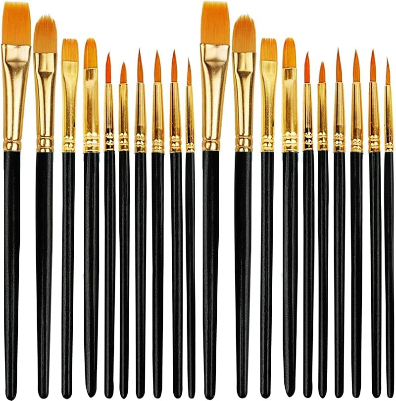 Aniyoo 20 Pcs Paint Brush Set Nylon Hairs Wooden Handles Gold Tube Interface