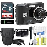 Kodak PIXPRO FZ45 16MP Digital Camera 4X Optical Zoom 27mm Wide Angle 1080P Full HD Video 2.7" LCD Camera (Black) + 64GB Card and Reader + Case + Memory Wallet + Tripod + Cleaning Bundle