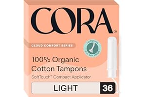 Cora Organic Applicator Tampons | Light Absorbency | 100% Organic Cotton, Unscented, BPA-Free Compact Applicator | Leak Protection | Packaging May Vary | 36 Total