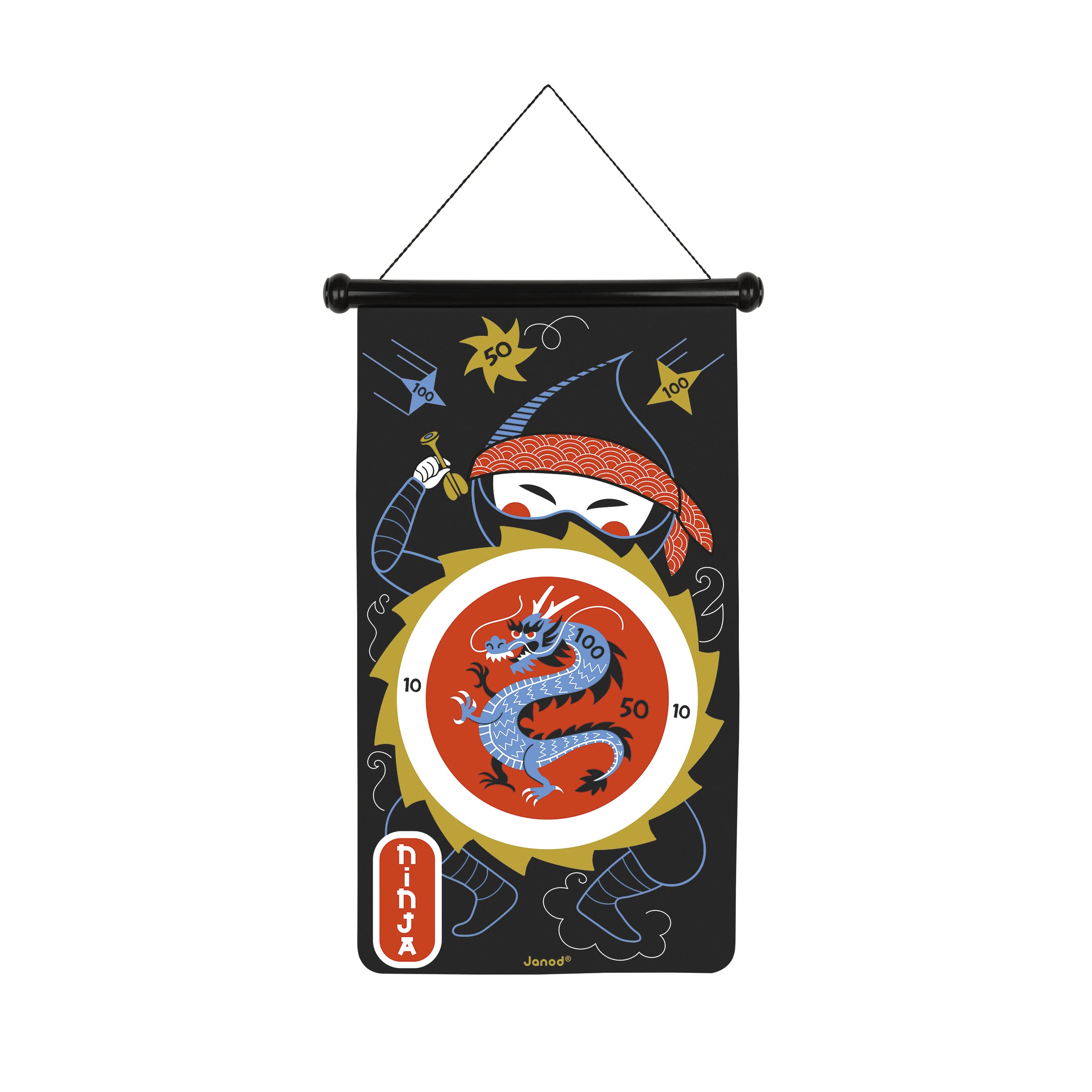 Janod - Ninja-Themed Magnetic Dart Board - 6 Plastic Darts - Double-Sided Fabric - Hang Up - 4+ Years