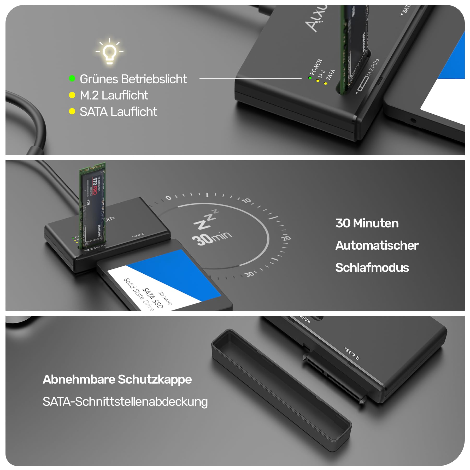Alxum M2 NVME Gehäuse und SATA Adapter, 10Gbps M2 SSD Gehäuse, USB 3.2 Typ C M.2 SSD USB Adapter für M.2 PCIe/Nvme, AHCI SATA HDD Festplatten Case 4